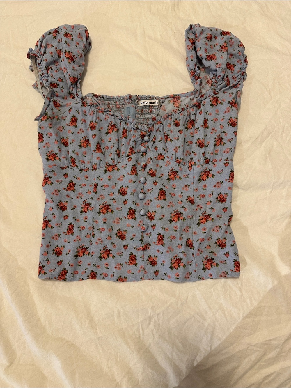 Reformation Light Blue Floral Puff-Sleeve Crop Top